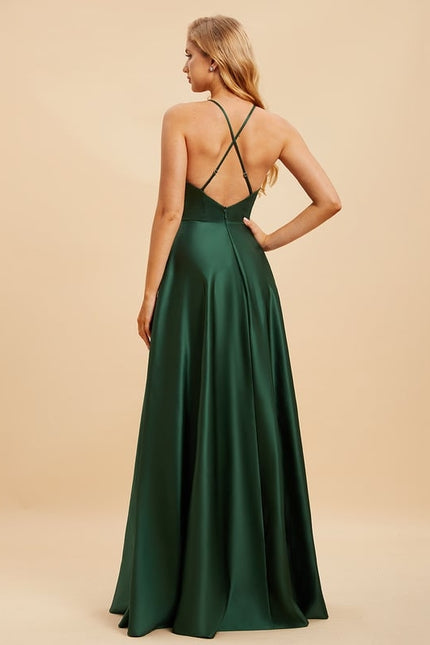 Robe Trapèze Vert Satin Longue - gallery 1