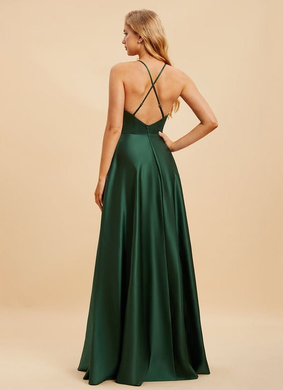 Robe Trapèze Vert Satin Longue - gallery 1