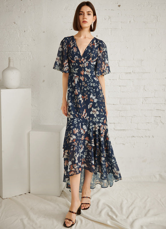 Robe Trapèze Nuit Fleurie Asymétrique
