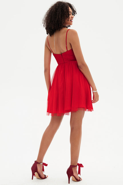 Robe Trapèze Rouge Tulle Aérien - gallery 1