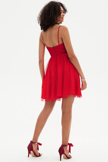 Robe Trapèze Rouge Tulle Aérien - gallery 1