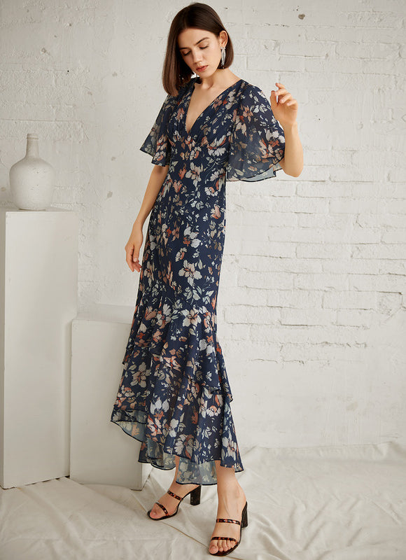 Robe Trapèze Nuit Fleurie Asymétrique - gallery 3
