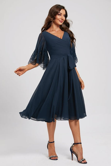 Robe Trapèze Bleue Marine Dentelle Mousseline - gallery 1