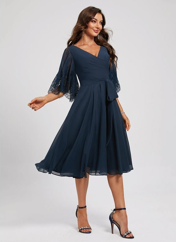 Robe Trapèze Bleue Marine Dentelle Mousseline - gallery 1