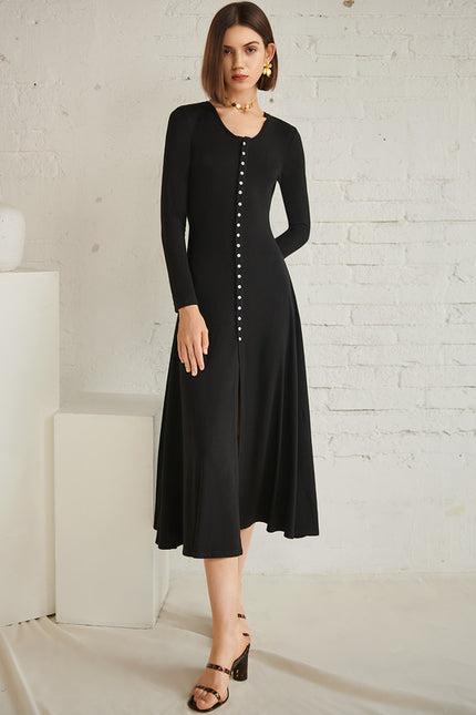 Robe Trapèze Noire Col V Midi