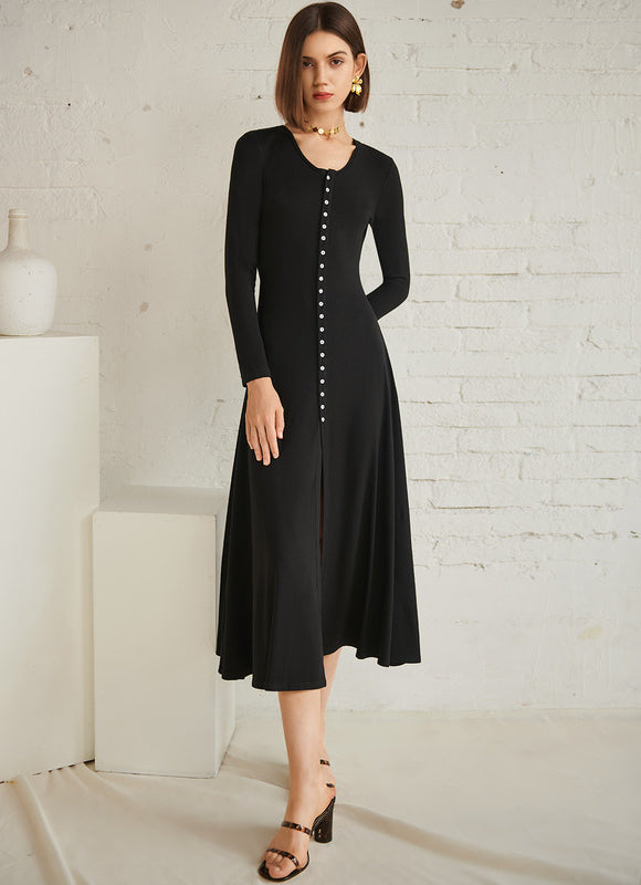 Robe Trapèze Noire Col V Midi