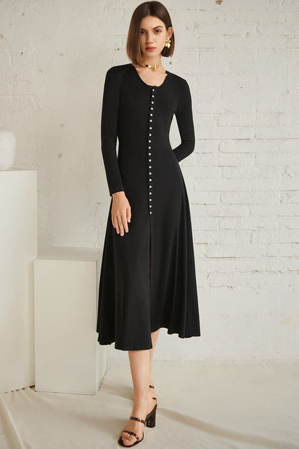 Robe Trapèze Noire Col V Midi