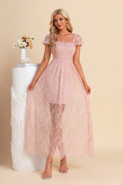 Robe Trapèze Dentelle Rosée