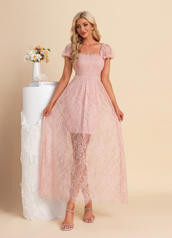 Robe Trapèze Dentelle Rosée
