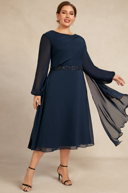 Robe Trapèze Bleu Marine Mousseline Plissée - gallery 9