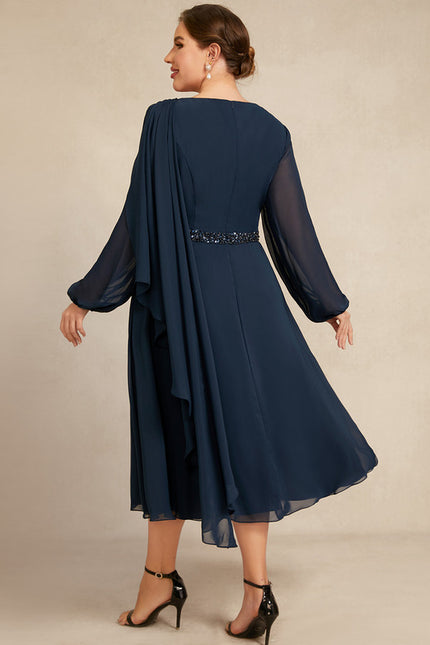 Robe Trapèze Bleu Marine Mousseline Plissée - gallery 8