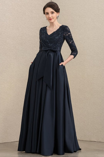 Robe Trapèze Bleu Marine En Dentelle Satiné - gallery 1