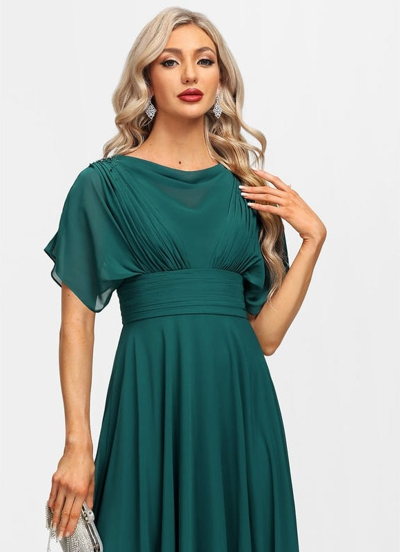 Robe Trapèze Verte Soirée Plissée Perlée - gallery 1