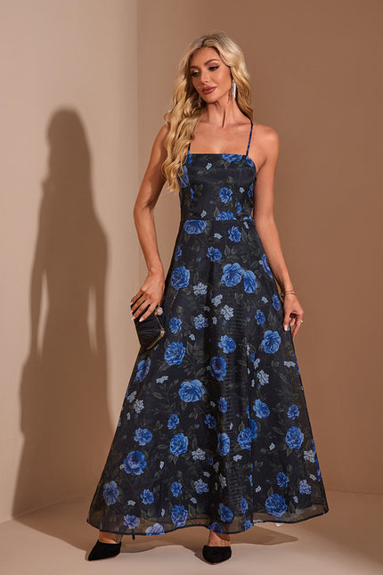 Robe Trapèze Bleue Florale Maxi Organza - gallery 4