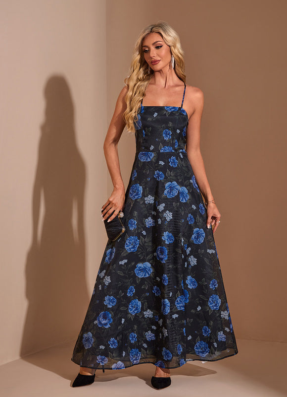 Robe Trapèze Bleue Florale Maxi Organza - gallery 4