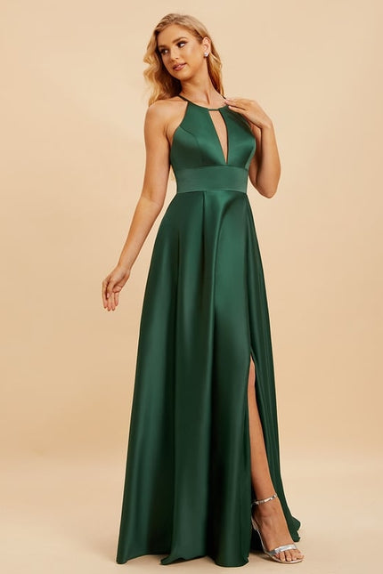 Robe Trapèze Vert Satin Longue - gallery 2