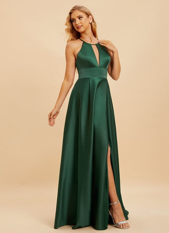 Robe Trapèze Vert Satin Longue - gallery 2