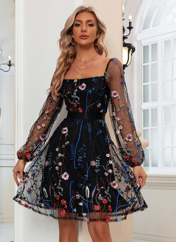Robe Trapèze Floraison Noire - gallery 3