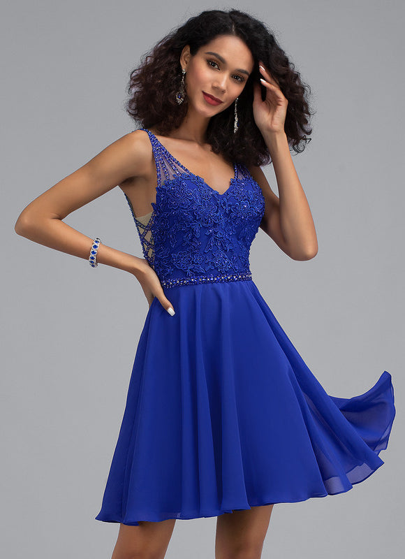 Robe Trapèze Bleu Marine Dentelle Et Mousseline - gallery 7