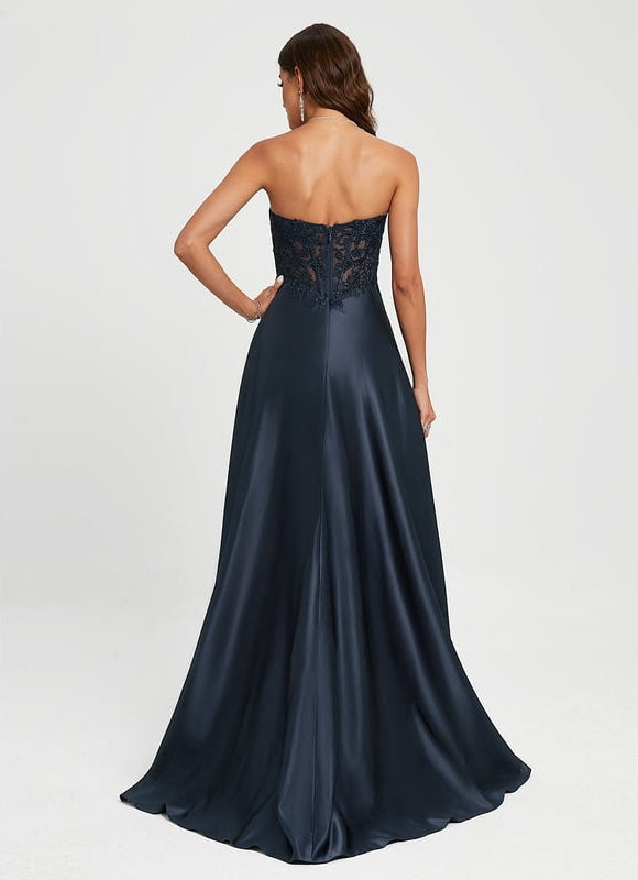 Robe Trapèze Bleue Satin Dentelle Bal - gallery 3