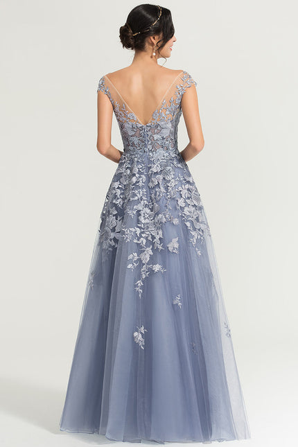 Robe Trapèze Bleu Pastel Soirée Longue En Tulle And Dentelle - gallery 5