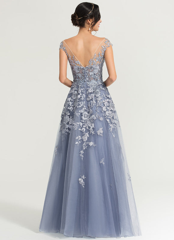 Robe Trapèze Bleu Pastel Soirée Longue En Tulle And Dentelle - gallery 5