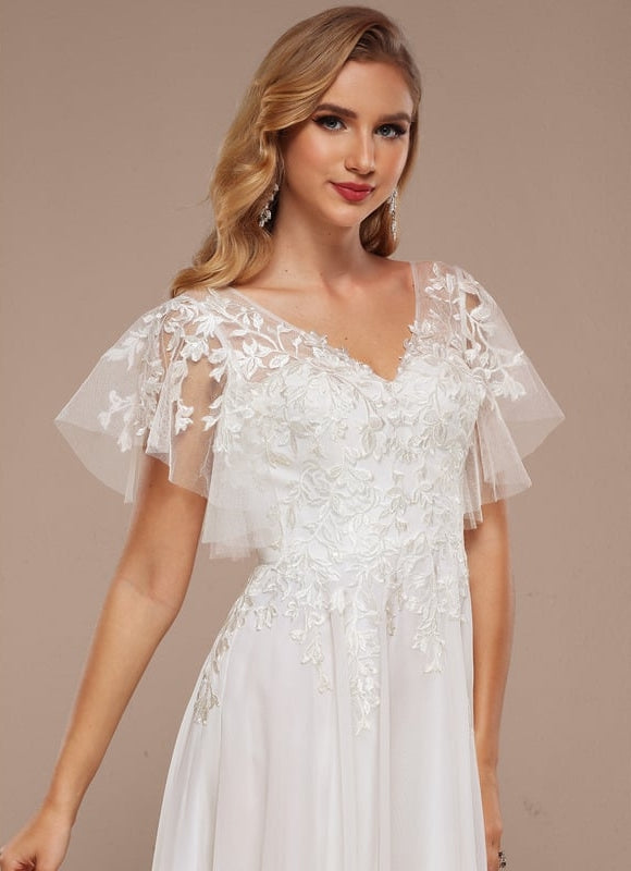 Robe Trapèze Beige Dentelle Tulle Volants Mariage - gallery 4