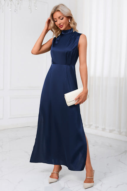 Robe Trapèze Satin Bleu Nuit - gallery 5