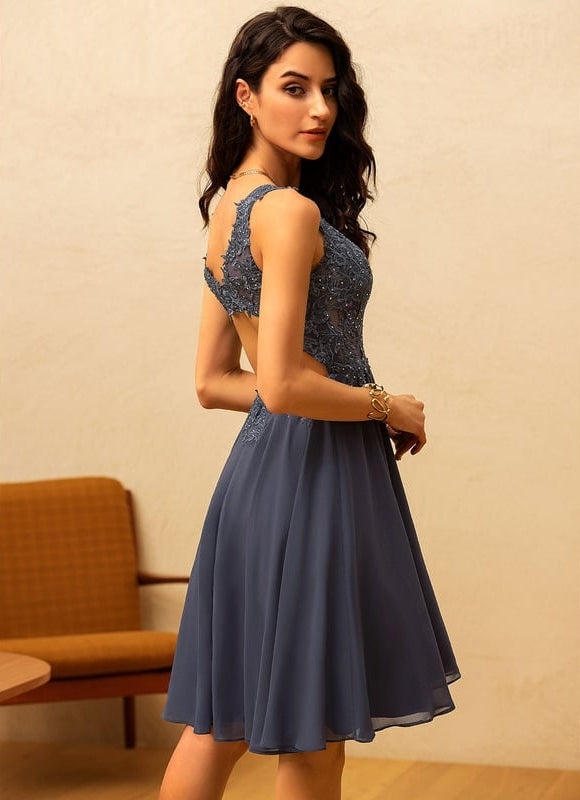 Robe Trapèze Bleu Marine Dentelle Et Mousseline - gallery 2