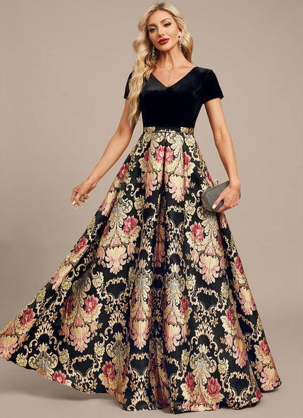 Robe Trapèze Velours Floral Noir