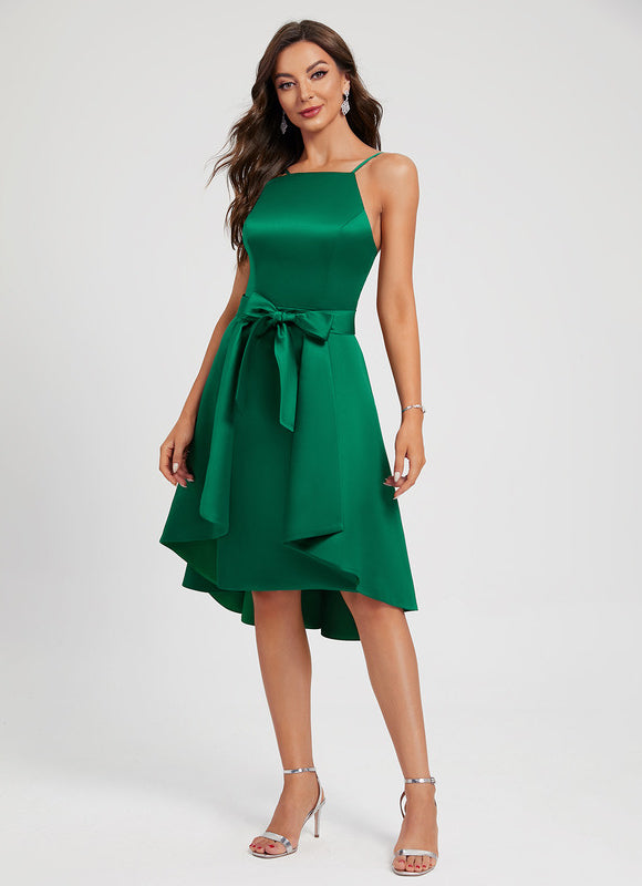Robe Trapèze Vert Émeraude Satin Nœud Volants - gallery 1