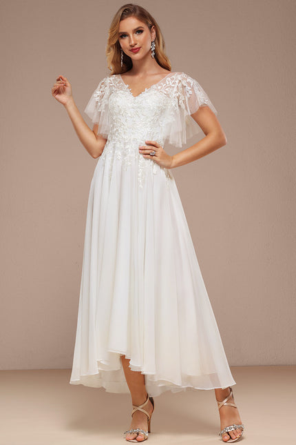 Robe Trapèze Beige Dentelle Tulle Volants Mariage - gallery 2