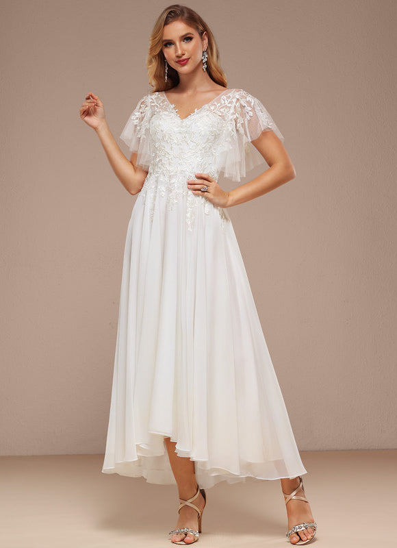 Robe Trapèze Beige Dentelle Tulle Volants Mariage - gallery 2