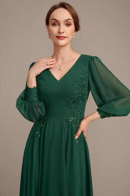 Robe Trapèze Verte En Mousseline Et Dentelle - gallery 1