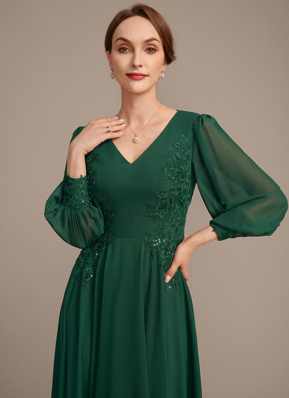 Robe Trapèze Verte En Mousseline Et Dentelle - gallery 1