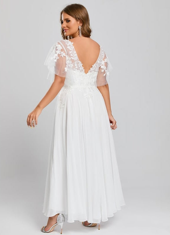Robe Trapèze Beige Dentelle Tulle Volants Mariage - gallery 8