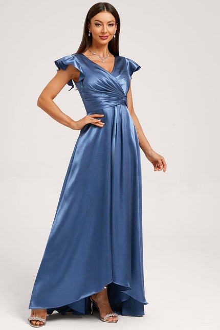 Robe Trapèze Satin Bleu Élégant