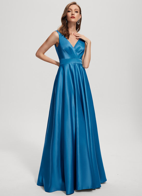 Robe Trapèze Bleu Satin Longue De Soirée - gallery 3