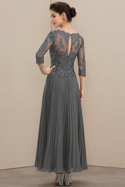 Robe Trapèze Gris Dentelle Mousseline Plissée - gallery 1