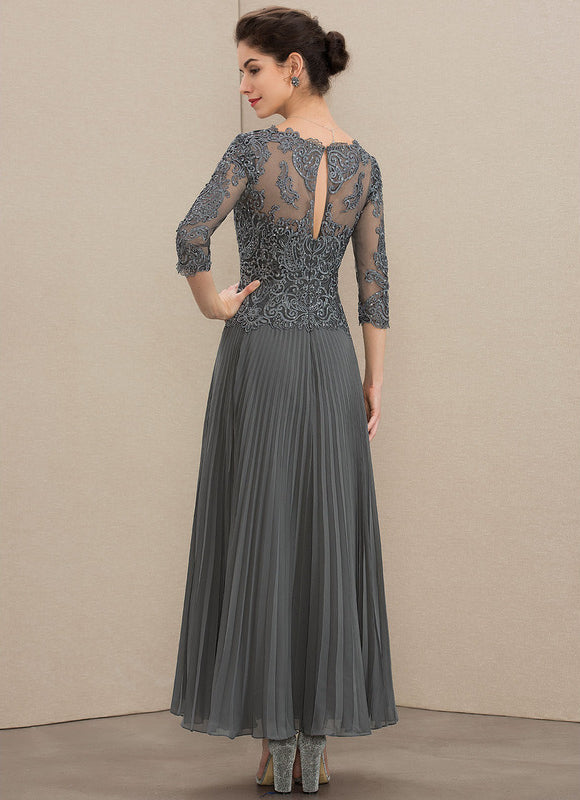 Robe Trapèze Gris Dentelle Mousseline Plissée - gallery 1