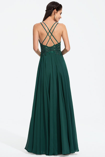 Robe Trapèze Verte En Mousseline Avec Perles Et Paillettes - gallery 7