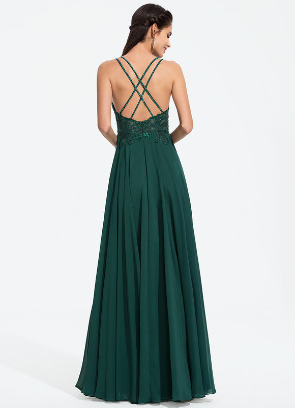 Robe Trapèze Verte En Mousseline Avec Perles Et Paillettes - gallery 7