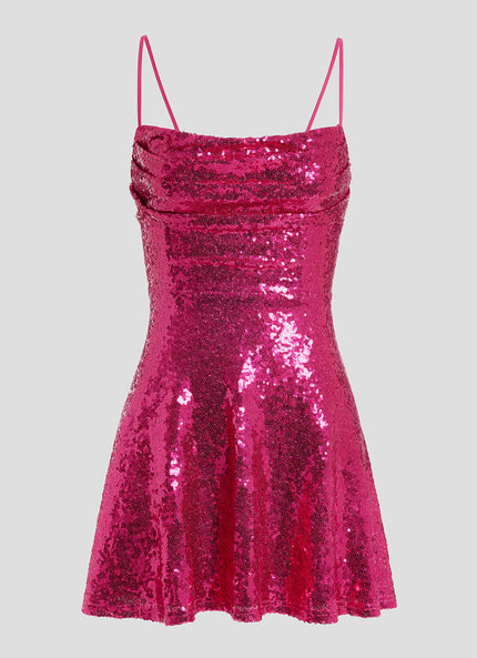 Robe Trapèze Pailletée Fuchsia