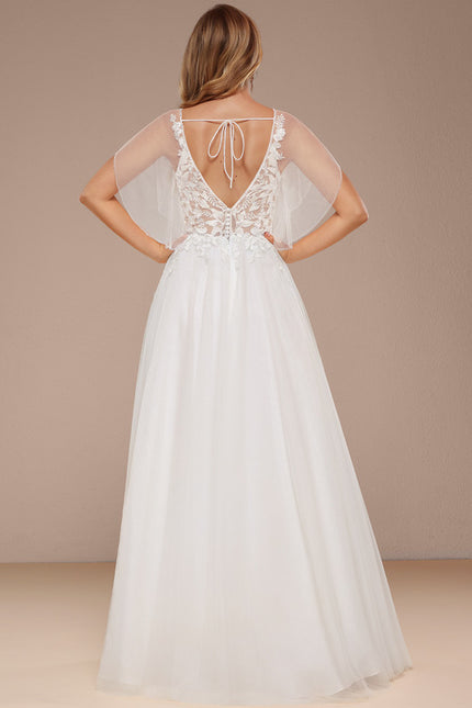 Robe Trapèze Blanche En Tulle Et Dentelle - gallery 2