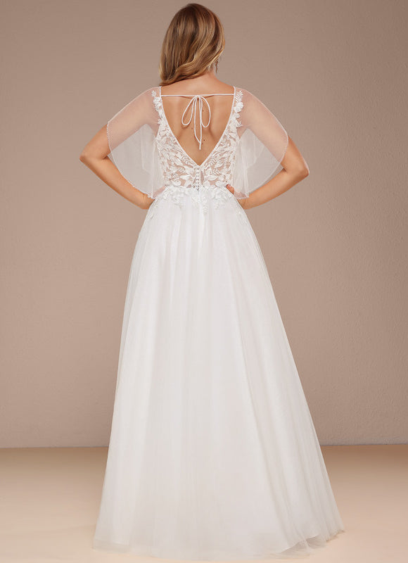 Robe Trapèze Blanche En Tulle Et Dentelle - gallery 2