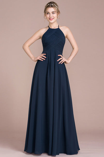Robe Trapèze Bleu Marine Mousseline Plissée - gallery 2