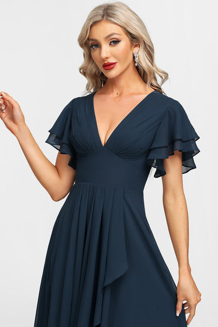 Robe Trapèze Bleu Marine Mousseline Volants - gallery 6