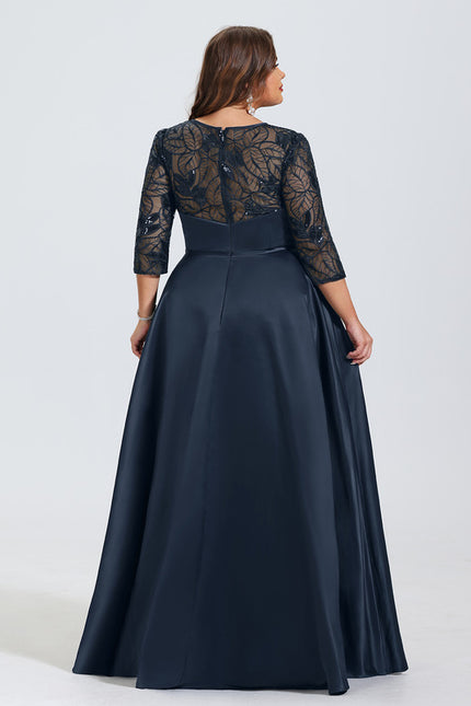Robe Trapèze Bleue Marine Satin Dentelle Paillettes - gallery 7