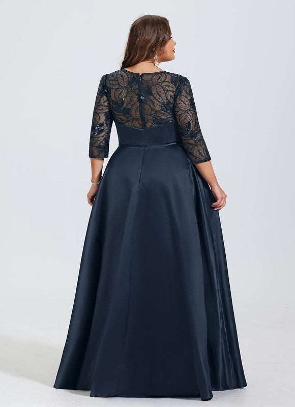 Robe Trapèze Bleue Marine Satin Dentelle Paillettes - gallery 7