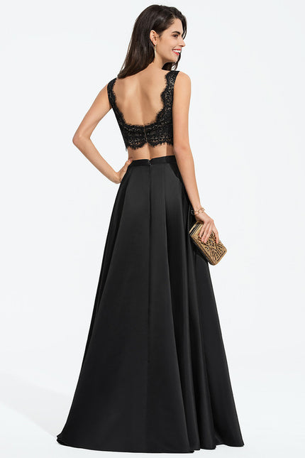 Robe Trapèze Vert Satin Dentelle Bal - gallery 1